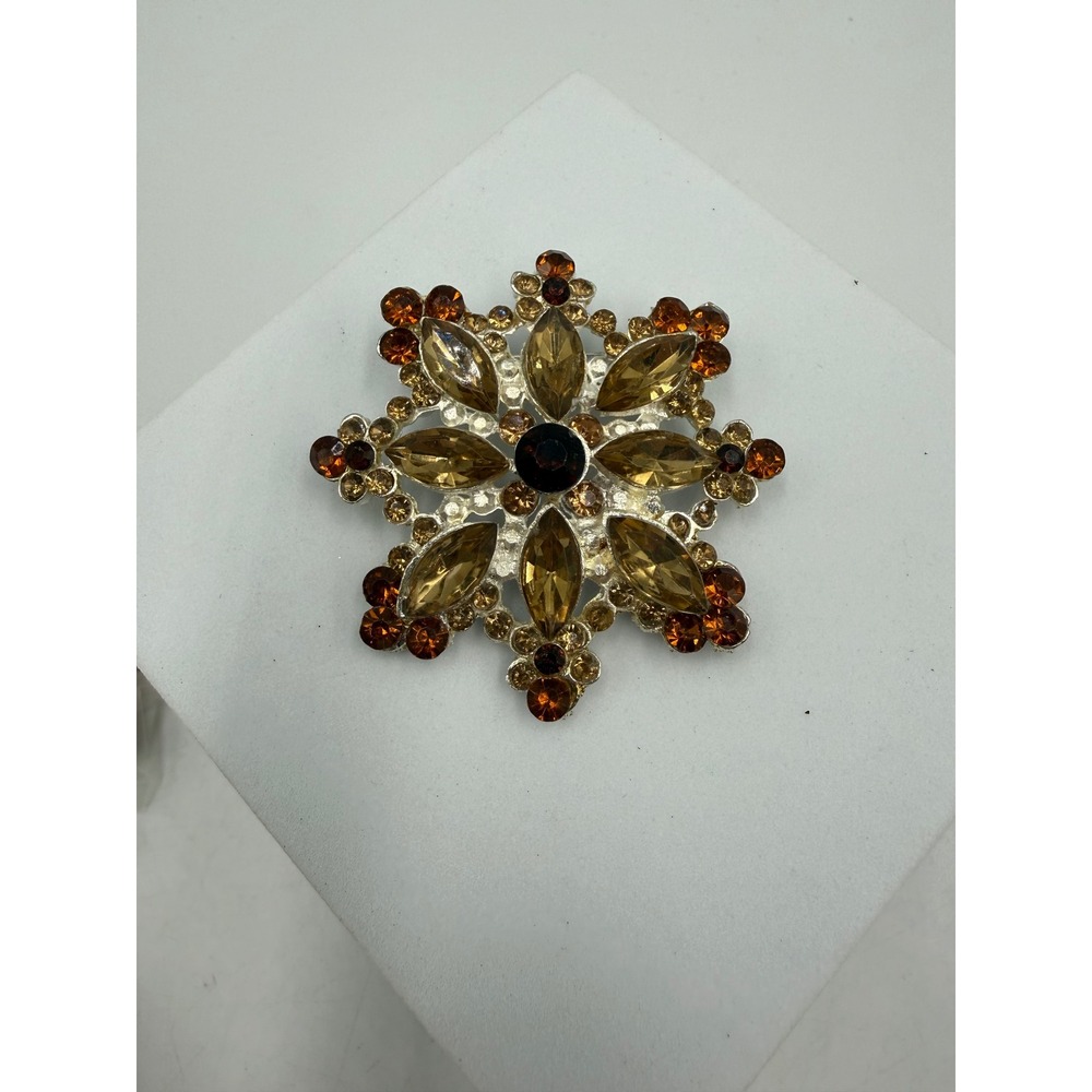 Silver Tone Amber Champagne Rhinestone Snowflake Brooch Pin Vintage Style 2.25"